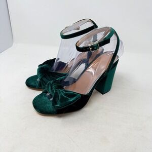 J. Crew Factory Penny Knot Sandals Green Velvet 7.5 Bow Block Heel Ankle Strap